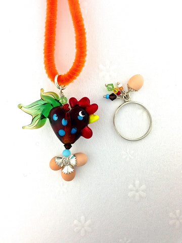 hearty chicken orange necklace and ring set