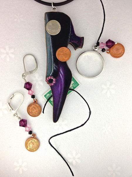 shoestring purple heel with coins set