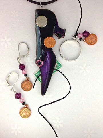 shoestring purple heel with coins set